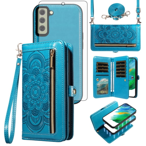 Asuwish Phone Case for Samsung Galaxy S21 FE 5G Zipper Wallet Cell Cover with Tempered Glass Screen Protector Lanyard Strap Flower Flip Card Holder S 21 EF S21FE5G UW S21FE 21S G5 6.4 inch Women Blue