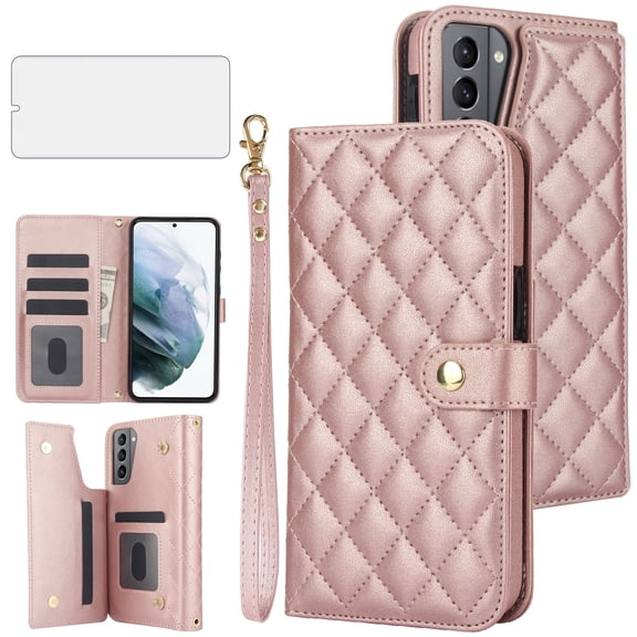Asuwish Phone Case for Samsung Galaxy S21 Plus S21 5G Wallet Cell Cover with Tempered Glass Screen Protector Lanyard Wrist Strap Card Holder S21 5G S21plus 21S S 21 21 G5 Women Girls RoseGold