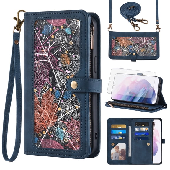 Asuwish Phone Case for Samsung Galaxy S21 Plus S21+ 5G Wallet Cover With Tempered Glass Screen Protector Wrist Strap Flip Pattern Zipper Credit Card Holder Cell S21+5G S21plus 21S + S 21 21+ G5 Blue