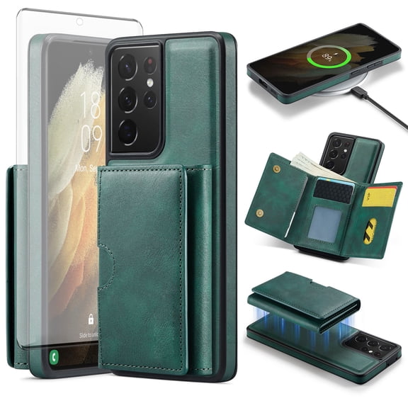 Asuwish Phone Case for Samsung Galaxy S21 Ultra 5G Wallet Magnetic Detachable Cell Cover with Wireless Charging and RFID Blocking Credit Card Holder Flip Stand S21ultra 21S S 21ultra Women Men Green