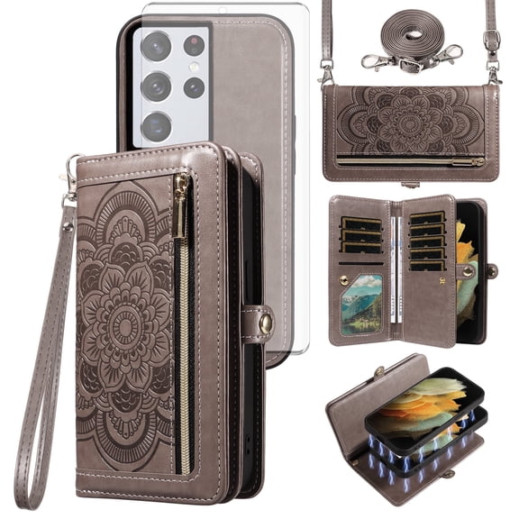 Asuwish Detachable Magnetic Zipper Wallet Phone Case with Flower Pattern and Screen Protector for Samsung Galaxy S21 Ultra, Gray