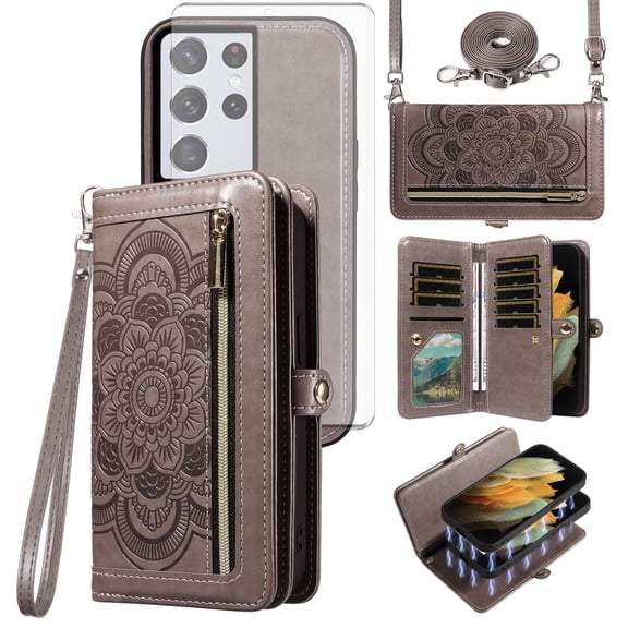 Asuwish Phone Case for Samsung Galaxy S21 Ultra 5G Zipper Wallet Detachable Cell Cover with Tempered Glass Screen Protector Strap Flower Flip Card Holder S21ultra 21S S 21 21ultra G5 Women Girls Gray