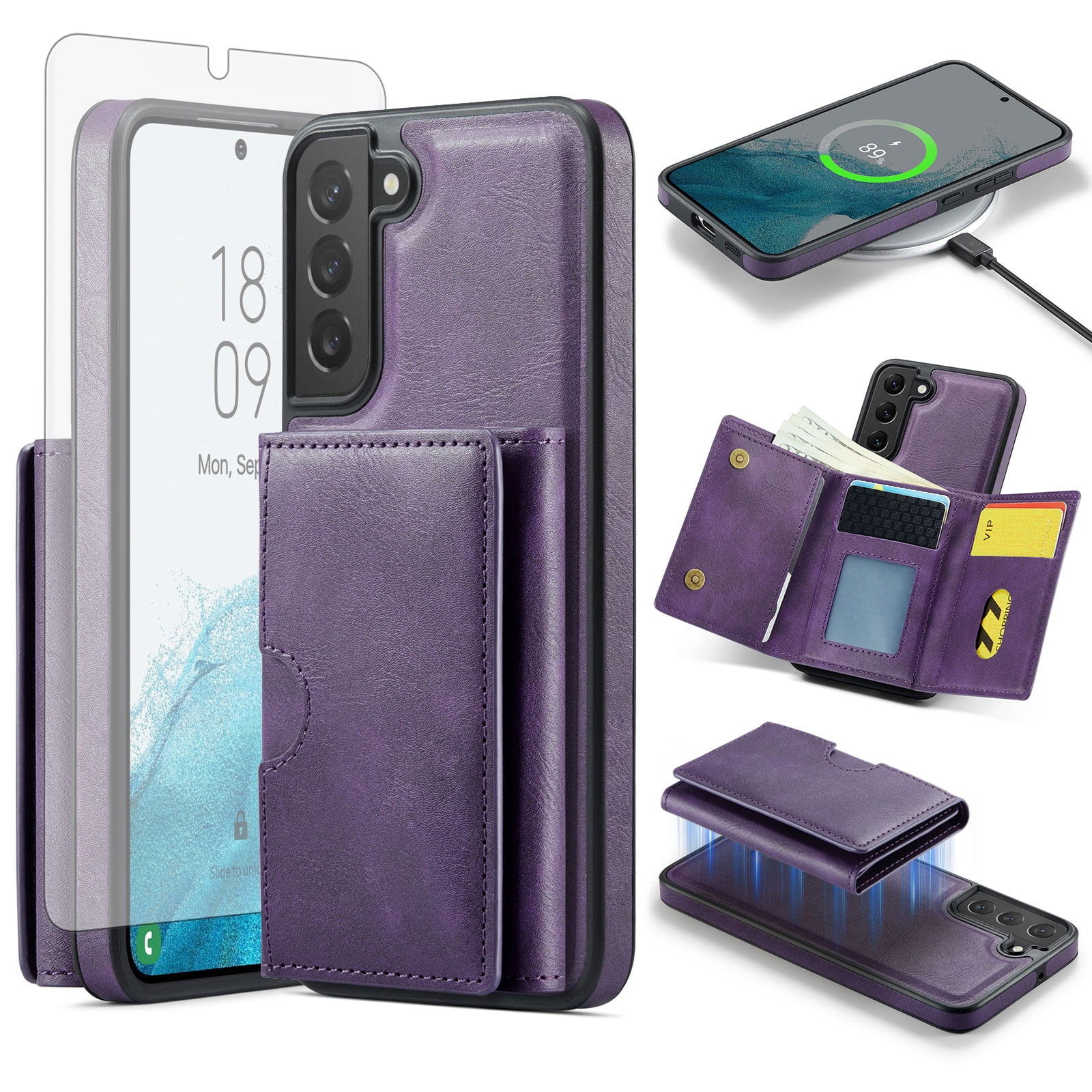 Asuwish Phone Case for Samsung Galaxy S22 5G Wallet Magnetic Detachable Cell Cover with Wireless Charging and RFID Blocking Credit Card Holder Flip Stand S 22 22S 4G G5 6.1 inch Women Men Purple