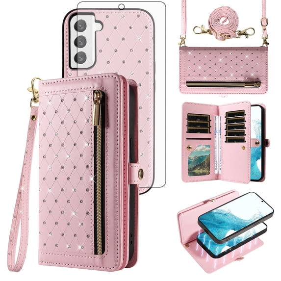 Asuwish Phone Case for Samsung Galaxy S22 5G Zipper Wallet Detachable Cell Cover with Tempered Glass Screen Protector Crossbody Lanyard Strap Bling Glitter Flip Card Holder Slot S 22 22S Women Pink