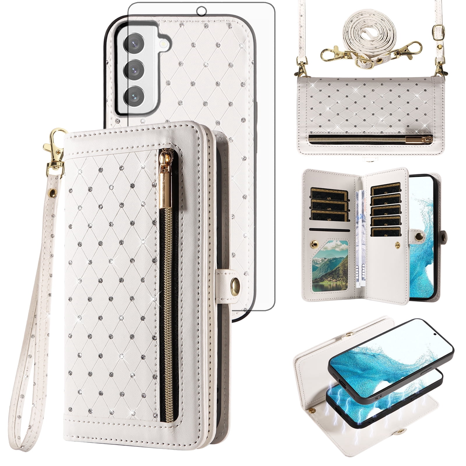 Asuwish Phone Case for Samsung Galaxy S22 5G Zipper Wallet Detachable Cell Cover with Tempered Glass Screen Protector Crossbody Lanyard Strap Bling Glitter Flip Card Holder Slot S 22 22S Women White
