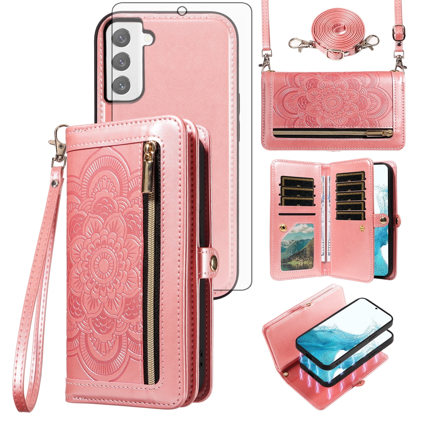 Asuwish Phone Case for Samsung Galaxy S22 5G Zipper Wallet Detachable Cell Cover with Tempered Glass Screen Protector Crossbody Strap Flower Flip Card Holder S 22 22S 4G G5 6.1 inch Women Rose Gold