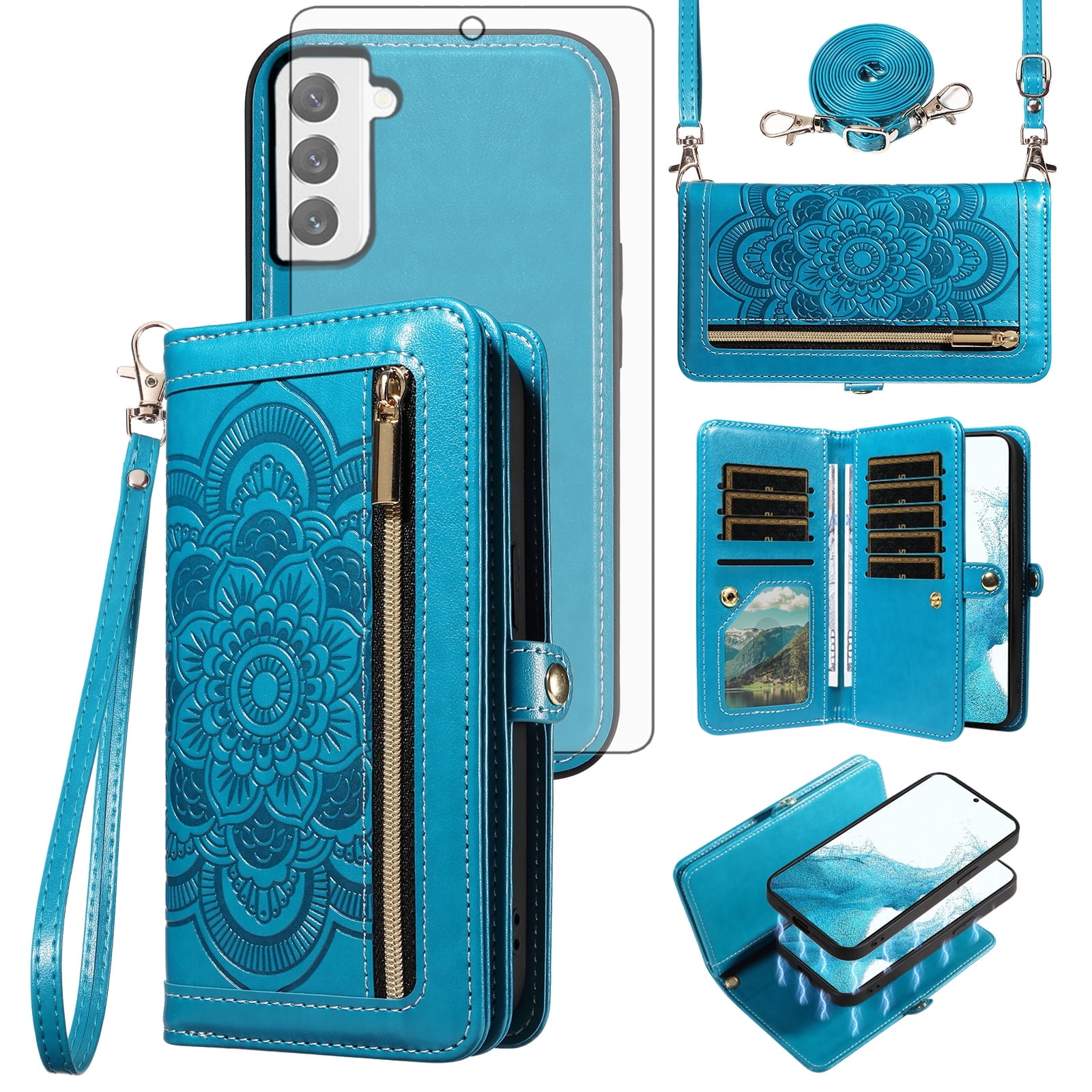 Asuwish Phone Case for Samsung Galaxy S22 5G Zipper Wallet Detachable Cell Cover with Tempered Glass Screen Protector Crossbody Strap Flower Flip Card Holder S 22 22S 4G G5 6.1 inch Women Girls Blue