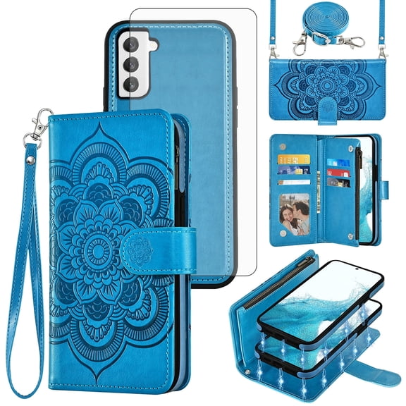 Asuwish Phone Case for Samsung Galaxy S22 5G Zipper Wallet Magnetic Detachable Cell Cover with Tempered Glass Screen Protector Crossbody Strap Flower Card Holder Slot S 22 22S 4G G5 6.1 inch Blue