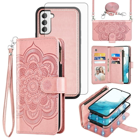 Asuwish Phone Case for Samsung Galaxy S22 5G Zipper Wallet Magnetic Detachable Cell Cover with Tempered Glass Screen Protector Crossbody Strap Flower Card Holder Slot S 22 22S 4G G5 6.1 inch Pink