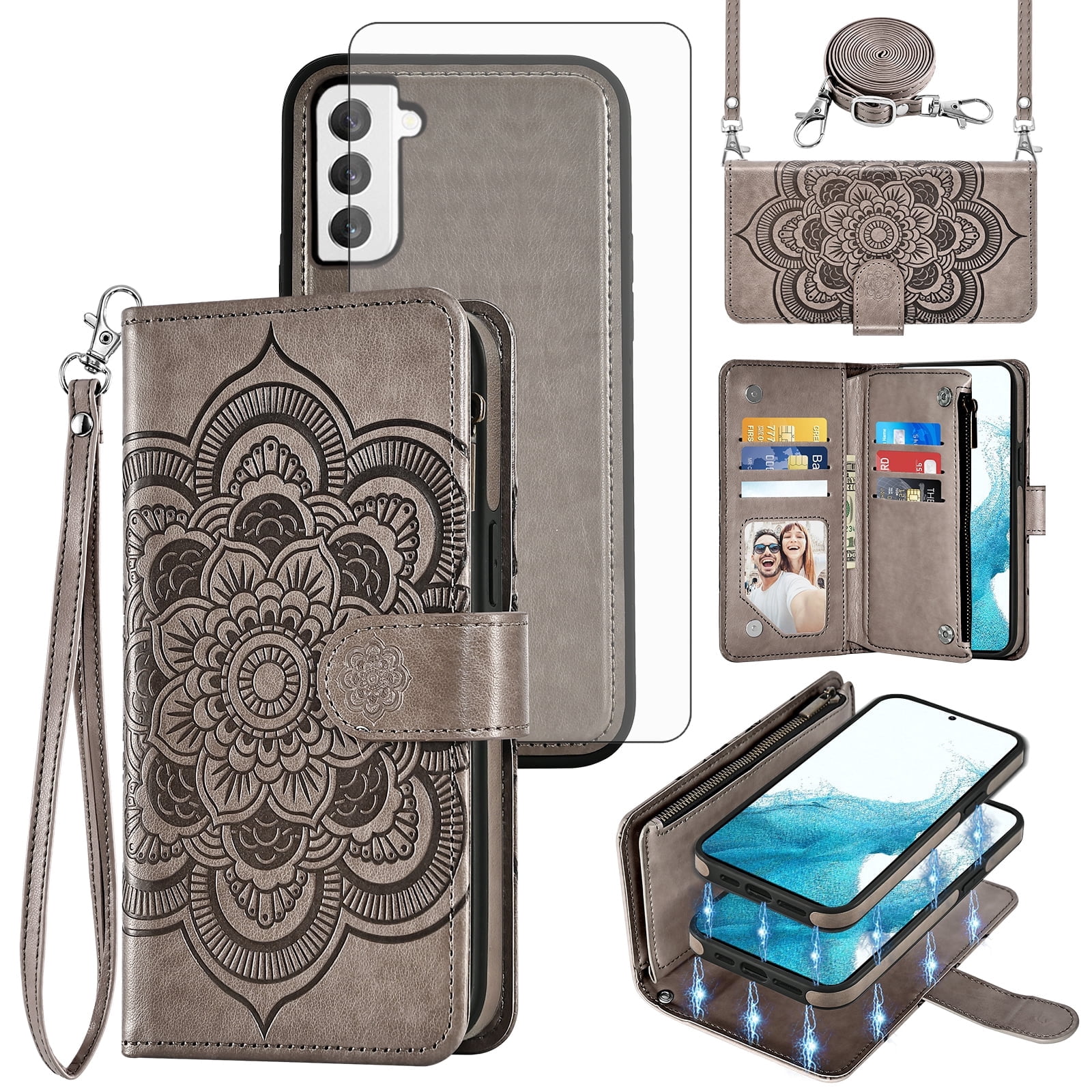 Asuwish Phone Case for Samsung Galaxy S22 5G Zipper Wallet Magnetic Detachable Cell Cover with Tempered Glass Screen Protector Crossbody Strap Flower Card Holder Slot S 22 22S 4G G5 6.1 inch Grey