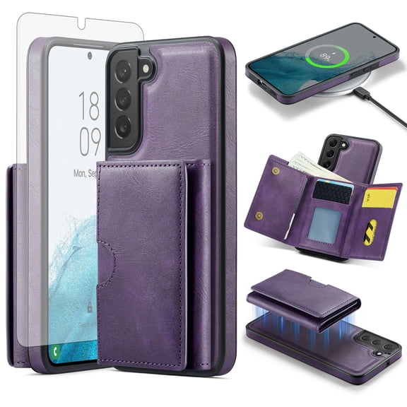Asuwish Phone Case for Samsung Galaxy S22 Plus S22  5G Wallet Magnetic Detachable Cell Cover with Wireless Charging and RFID Blocking Credit Card Holder Flip Stand S22 5G S22plus 22  Women Men Purple