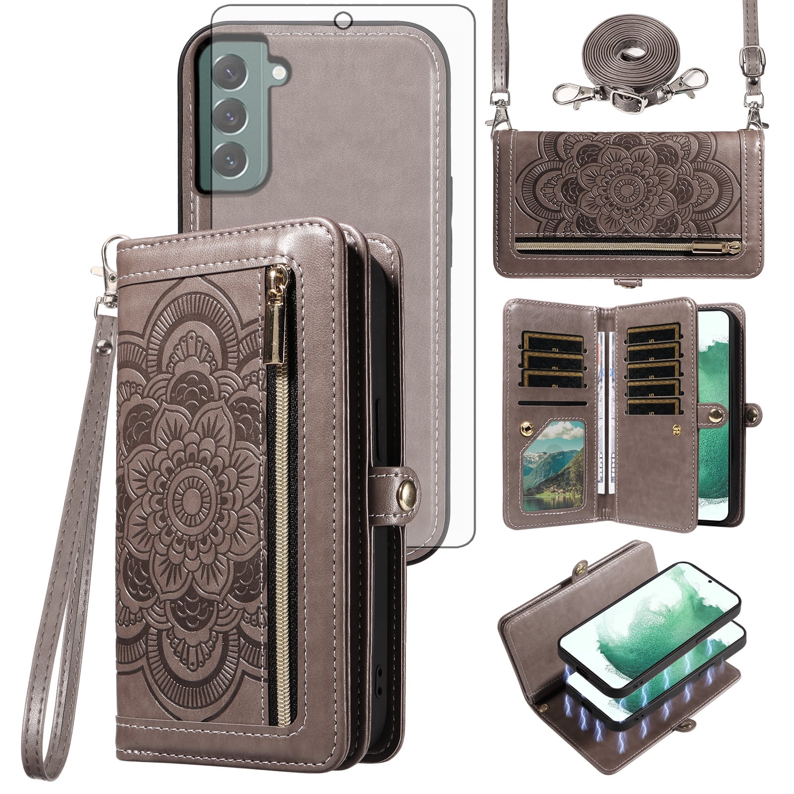 Asuwish Phone Case for Samsung Galaxy S22 Plus S22+ 5G Zipper Wallet Detachable Cell Cover with Tempered Glass Screen Protector Strap Flower Flip Card Holder S22+5G S22plus 22S + S 22 22+ Women Gray