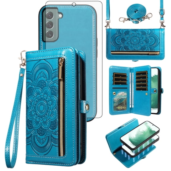 Asuwish Phone Case for Samsung Galaxy S22 Plus S22+ 5G Zipper Wallet Detachable Cell Cover with Tempered Glass Screen Protector Strap Flower Flip Card Holder S22+5G S22plus 22S + S 22 22+ Women Blue