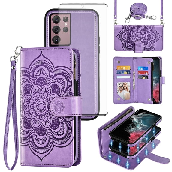 Asuwish Phone Case for Samsung Galaxy S22 Ultra 5G Zipper Wallet Magnetic Detachable Cell Cover with Tempered Glass Screen Protector Crossbody Strap Flower Card Holder Slot S22ultra 22su Women Purple