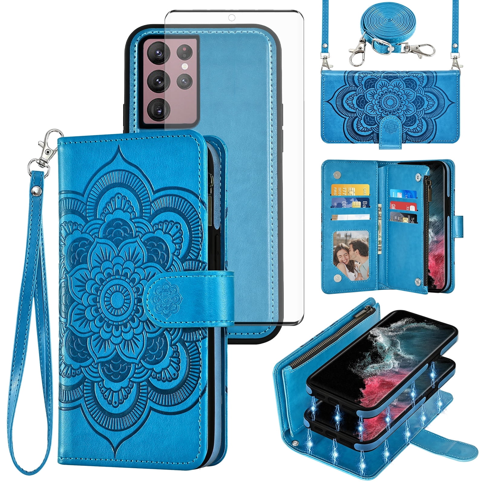 Asuwish Phone Case for Samsung Galaxy S22 Ultra 5G Zipper Wallet Magnetic Detachable Cell Cover with Tempered Glass Screen Protector Crossbody Strap Flower Card Holder Slot S22ultra 22su Women Blue