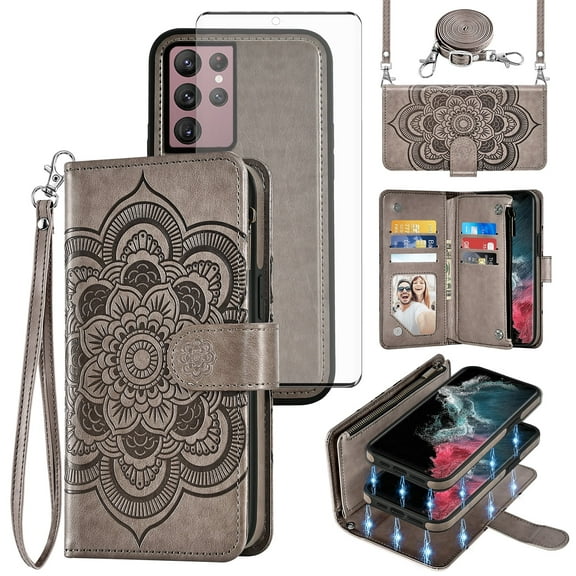 Asuwish Phone Case for Samsung Galaxy S22 Ultra 5G Zipper Wallet Magnetic Detachable Cell Cover with Tempered Glass Screen Protector Crossbody Strap Flower Card Holder Slot S22ultra 22su Women Grey