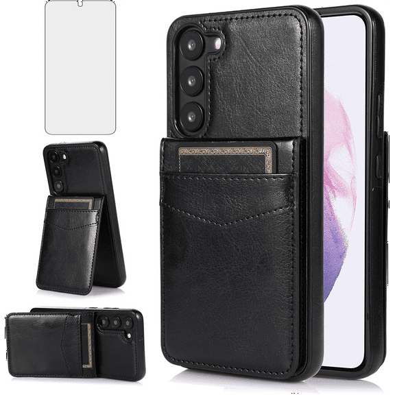 Asuwish Compatible with Samsung Galaxy S23 5G Wallet Phone Case Tempered Glass Screen Protector and Wrist Strap Ring RFID Card Holder Cell Cover for S 23 23S GS23 G5 SM-S911U 6.1 inch Women Black