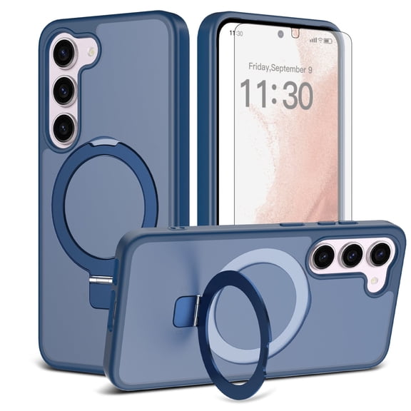 Asuwish Phone Case for Samsung Galaxy S23 5G Tempered Glass Screen Protector Magnetic Folding Stand Frosted Translucent Rugged Shockproof Protective Cell Cover S 23 SM-S911U 6.1 inch Women Men Blue