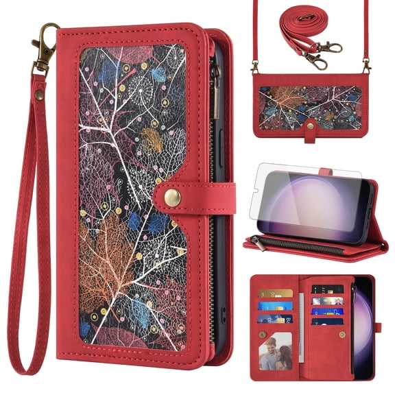Asuwish Phone Case for Samsung Galaxy S23 5G Wallet Cover With Tempered Glass Screen Protector Crossbody Wrist Strap Flip Pattern Zipper Credit Card Holder Cell S 23 23S GS23 G5 SM-S911U 6.1 inch Red