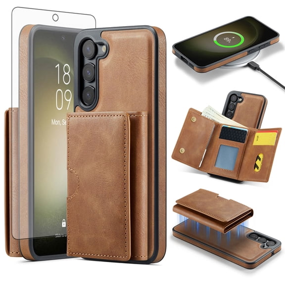 Asuwish Phone Case for Samsung Galaxy S23 5G Wallet Magnetic Detachable Cell Cover with Wireless Charging and RFID Blocking Credit Card Holder Flip Stand S 23 23S GS23 G5 SM-S911U 6.1 Women Men Brown
