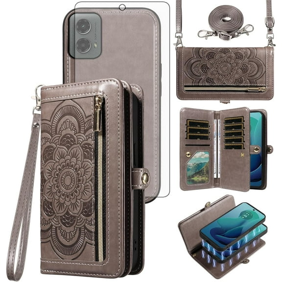 Asuwish Phone Case for Samsung Galaxy S23 5G Zipper Wallet Detachable Cell Cover with Tempered Glass Screen Protector Strap Flower Flip Card Holder S 23 23S GS23 G5 SM-S911U 6.1 inch Women Girls Gray