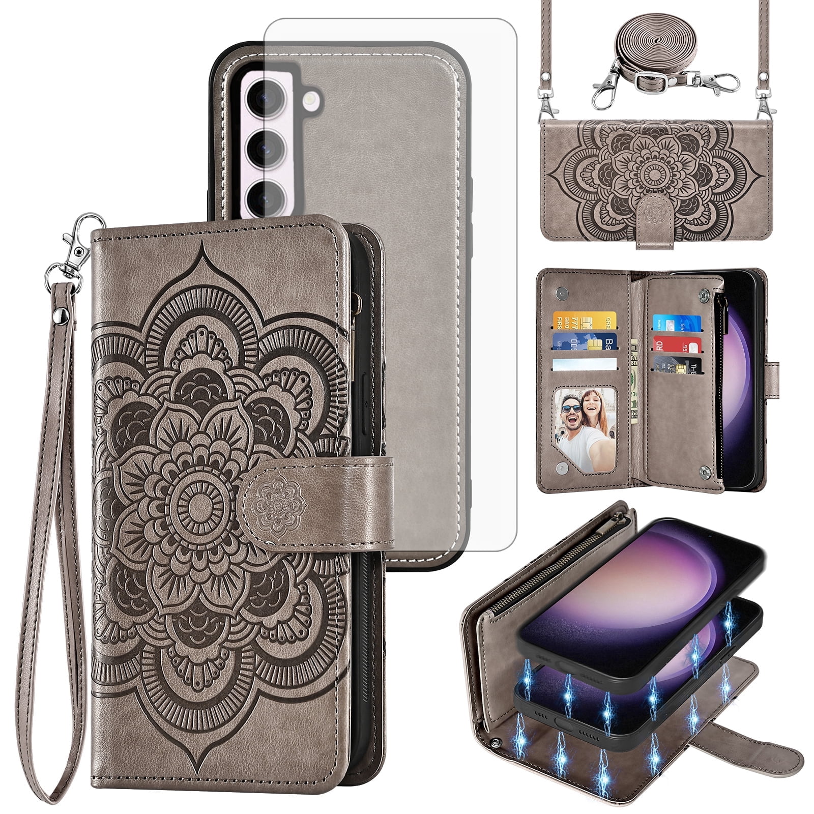 Asuwish Phone Case for Samsung Galaxy S23 5G Zipper Wallet Magnetic Detachable Cell Cover with Tempered Glass Screen Protector Crossbody Strap Flower Card Holder Slot S 23 23S SM-S911U Women Purple