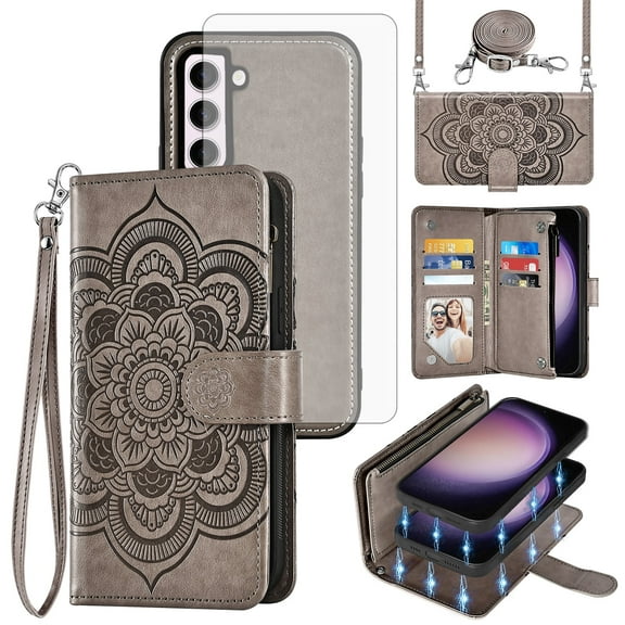 Asuwish Phone Case for Samsung Galaxy S23 5G Zipper Wallet Magnetic Detachable Cell Cover with Tempered Glass Screen Protector Crossbody Strap Flower Card Holder Slot S 23 23S SM-S911U Women Purple