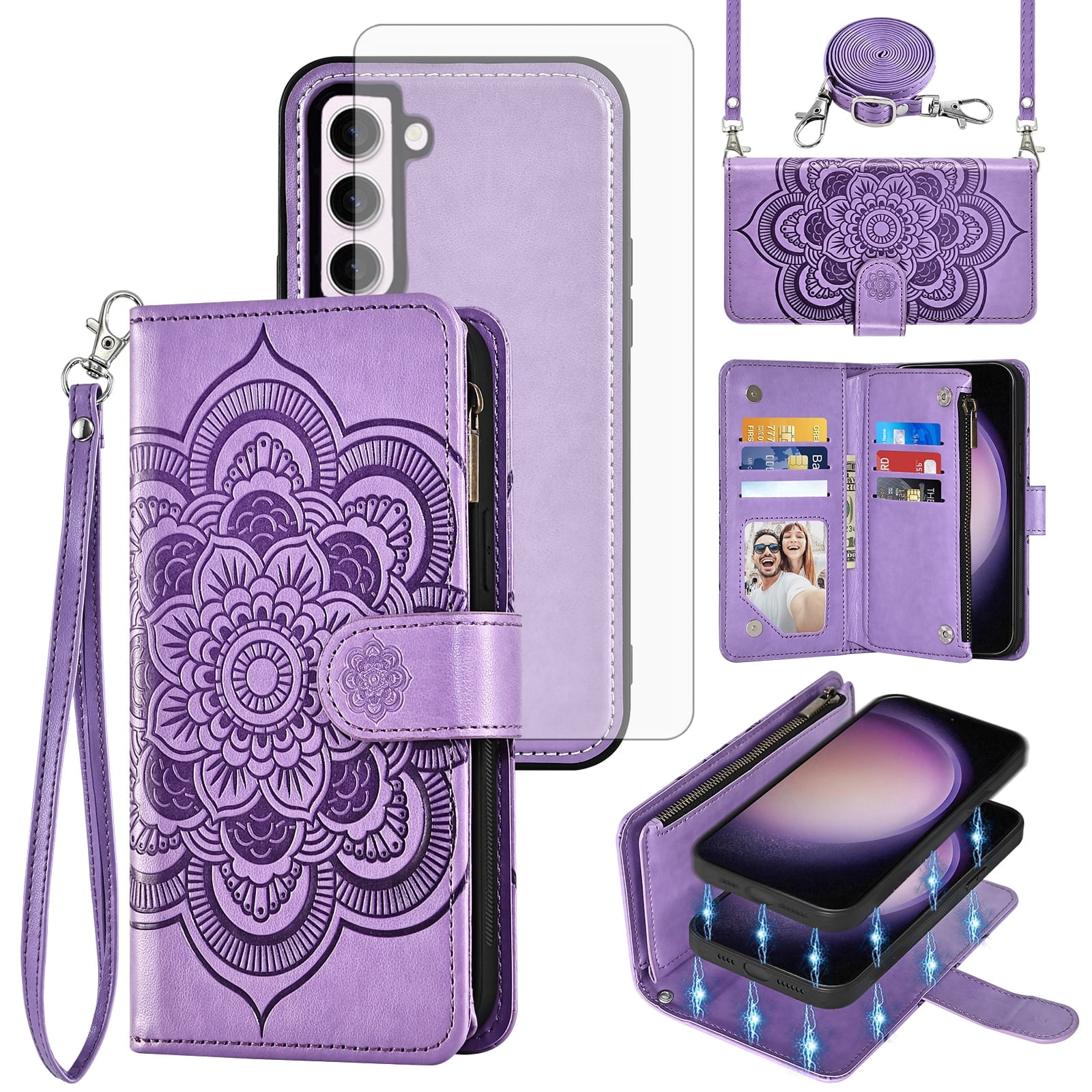 Asuwish Phone Case for Samsung Galaxy S23 5G Zipper Wallet Magnetic Detachable Cell Cover with Tempered Glass Screen Protector Crossbody Strap Flower Card Holder Slot S 23 23S SM-S911U Women Purple