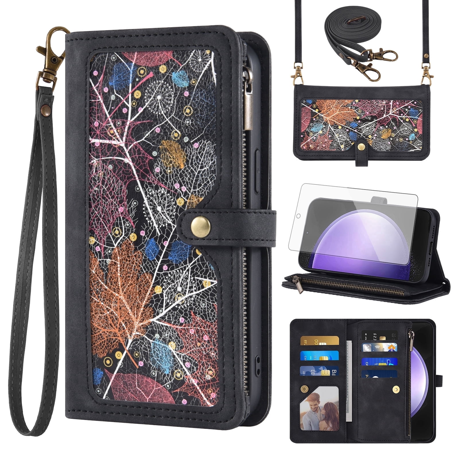 Asuwish Phone Case for Samsung Galaxy S23 FE 5G Wallet Cover With Tempered Glass Screen Protector Crossbody Wrist Strap Flip Pattern Zipper Credit Card Holder Stand Cell S 23 EF S23FE 23S Women Black