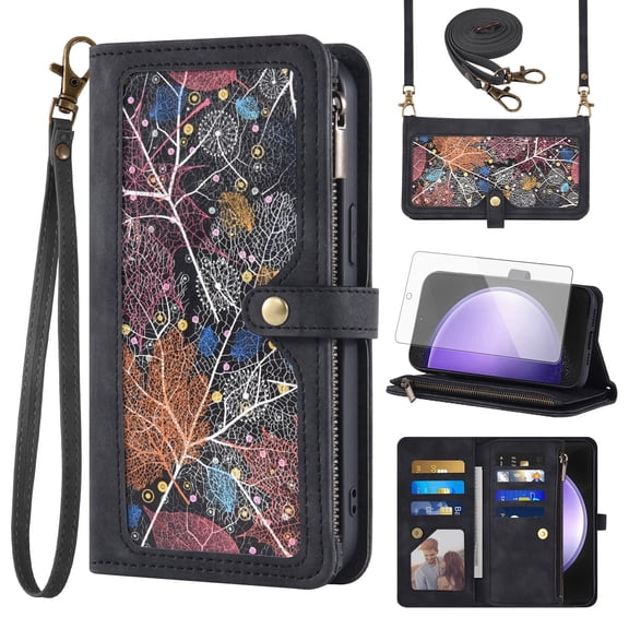 Asuwish Phone Case for Samsung Galaxy S23 FE 5G Wallet Cover With Tempered Glass Screen Protector Crossbody Wrist Strap Flip Pattern Zipper Credit Card Holder Stand Cell S 23 EF S23FE 23S Women Black