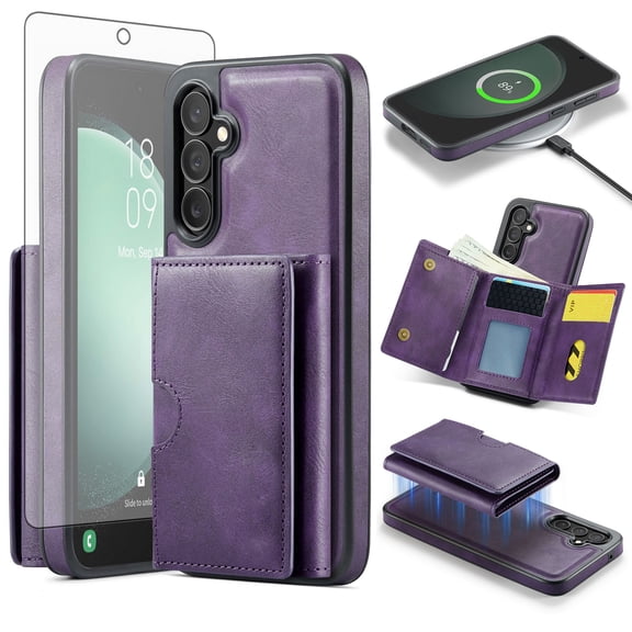 Asuwish Phone Case for Samsung Galaxy S23 FE 5G Wallet Magnetic Detachable Cell Cover with Wireless Charging and RFID Blocking Credit Card Holder Flip Stand S 23 EF S23FE 23S Women Men Purple