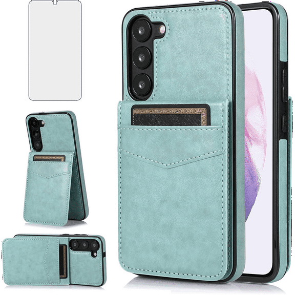 Asuwish Compatible with Samsung Galaxy S23 Plus S23 5G Wallet Phone Case Tempered Glass Screen Protector and Ring RFID Card Holder Cell Cover for S23plus 23S S 23 23 SM-S916U 6.6 inch Women Teal