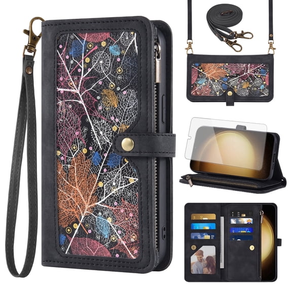 Asuwish Phone Case for Samsung Galaxy S23 Plus S23+ 5G Wallet Cover With Tempered Glass Screen Protector Crossbody Flip Pattern Zipper Card Holder Cell S23plus 23S + S 23 23+ SM-S916U 6.6 inch Black