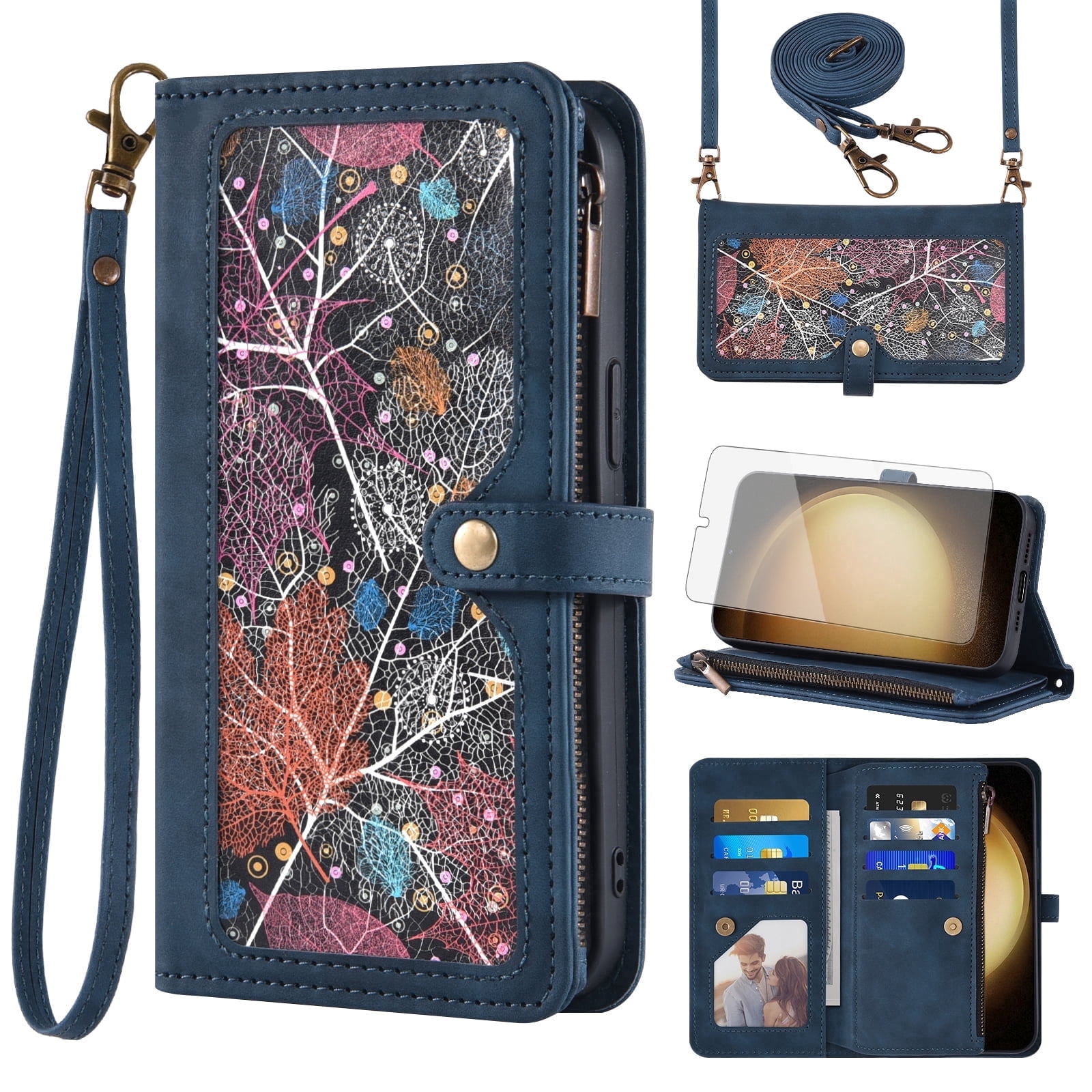 Asuwish Phone Case for Samsung Galaxy S23 Plus S23+ 5G Wallet Cover With Tempered Glass Screen Protector Wrist Strap Flip Pattern Zipper Card Holder Cell S23plus 23S + S 23 23+ SM-S916U 6.6 inch Blue