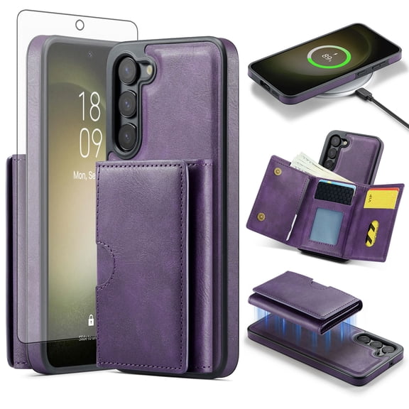 Asuwish Phone Case for Samsung Galaxy S23 Plus S23  5G Wallet Magnetic Detachable Cell Cover with Wireless Charging and RFID Blocking Credit Card Holder Flip Stand S23plus 23S   S23  Women Men Purple