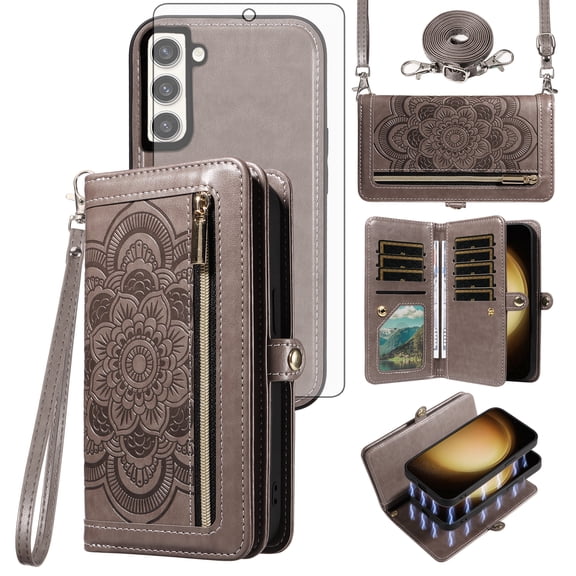 Asuwish Phone Case for Samsung Galaxy S23 Plus S23+ 5G Zipper Wallet Cell Cover with Tempered Glass Screen Protector Strap Flower Flip Card Holder S23plus 23S + S 23 23+ SM-S916U 6.6 inch Women Gray