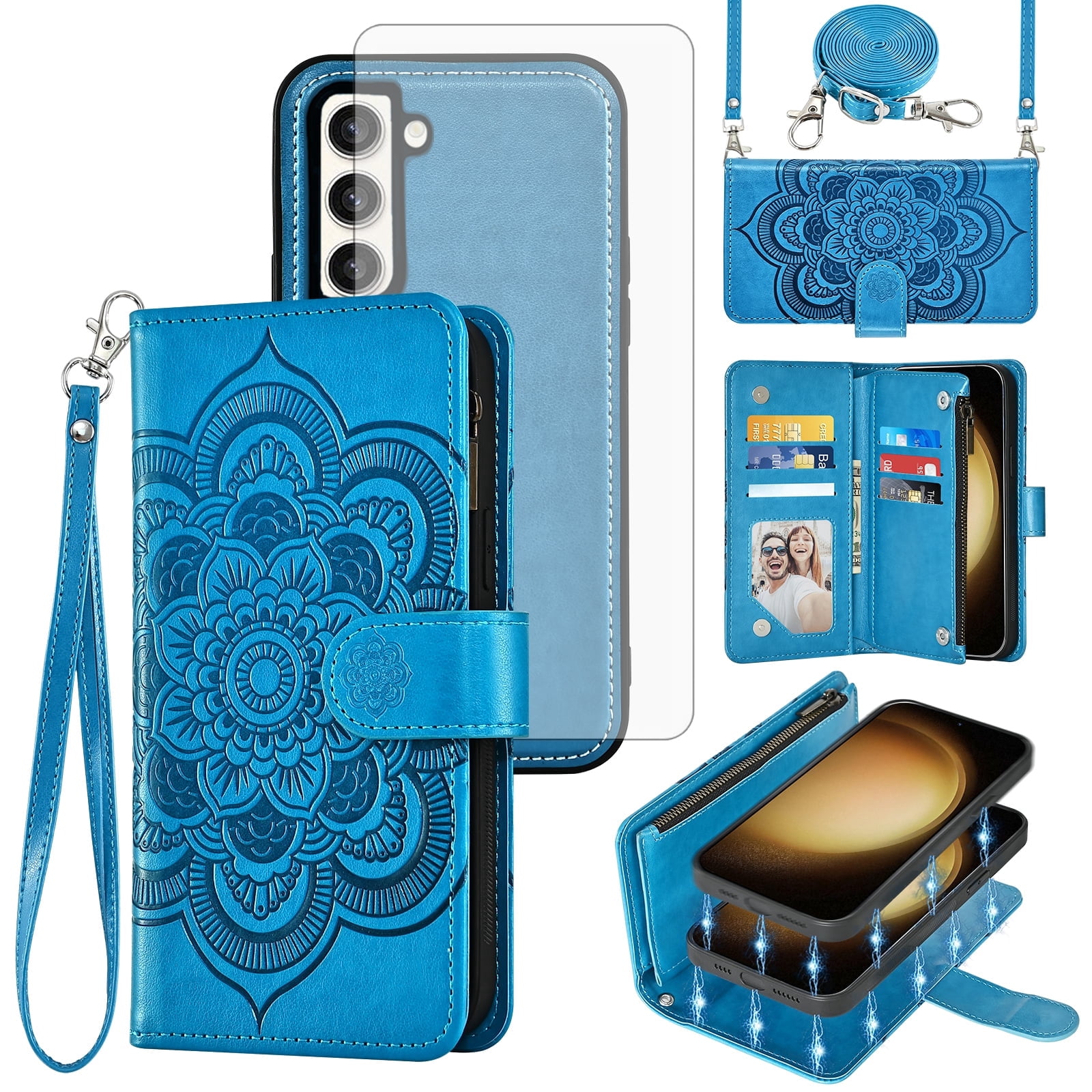 Asuwish Phone Case for Samsung Galaxy S23 Plus S23+ 5G Zipper Wallet Magnetic Detachable Cell Cover with Tempered Glass Screen Protector Crossbody Strap Flower Card Holder Slot S23plus Women Blue