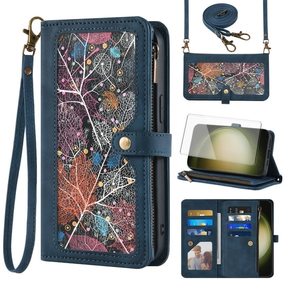 Asuwish Phone Case for Samsung Galaxy S23 Ultra 5G Wallet Cover With Tempered Glass Screen Protector Crossbody Wrist Strap Flip Pattern Zipper Card Holder Cell S23Ultra 23S S 23 23Ultra 6.8 inch Blue
