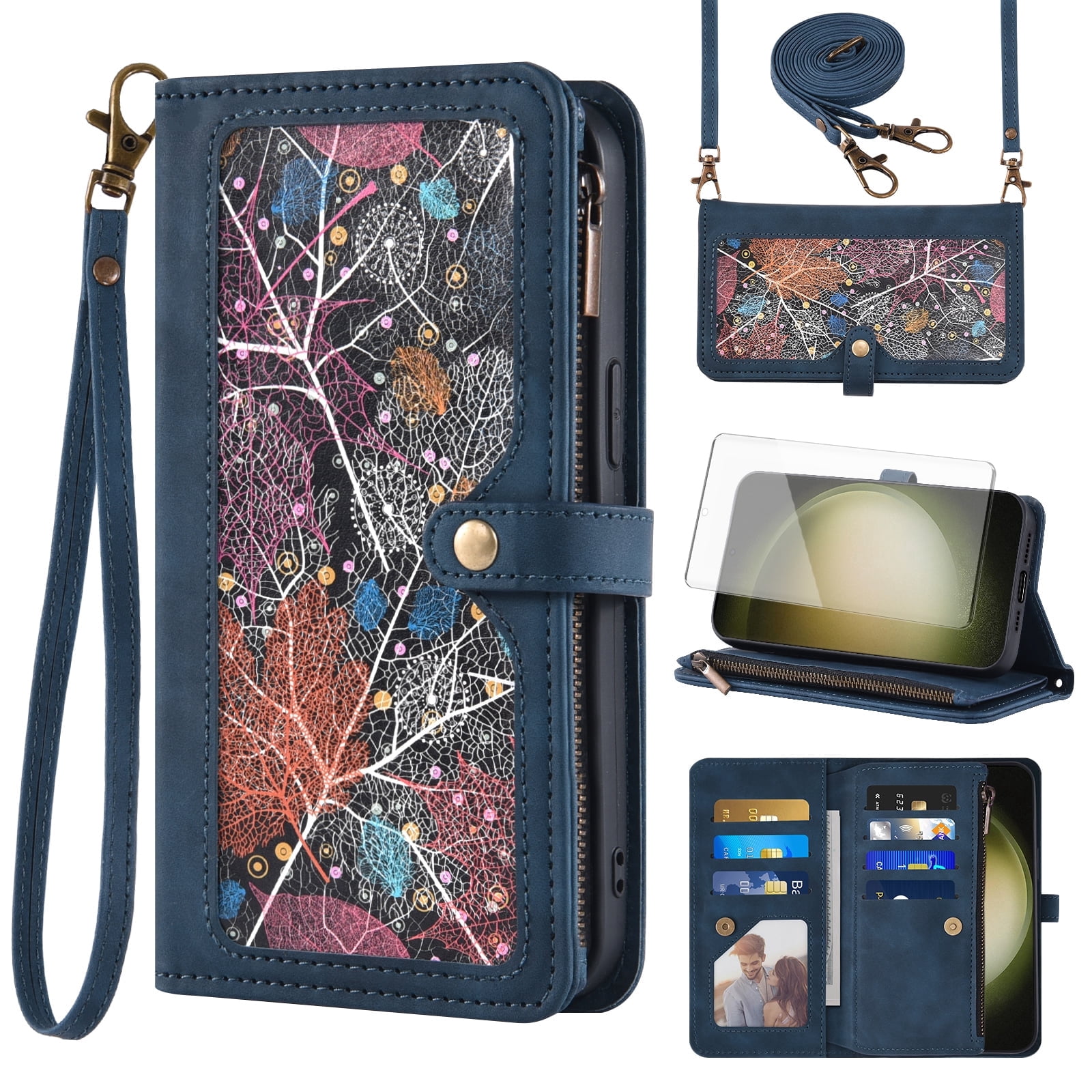 Asuwish Phone Case for Samsung Galaxy S23 Ultra 5G Wallet Cover With Tempered Glass Screen Protector Crossbody Wrist Strap Flip Pattern Zipper Card Holder Cell S23Ultra 23S S 23 23Ultra 6.8 inch Blue