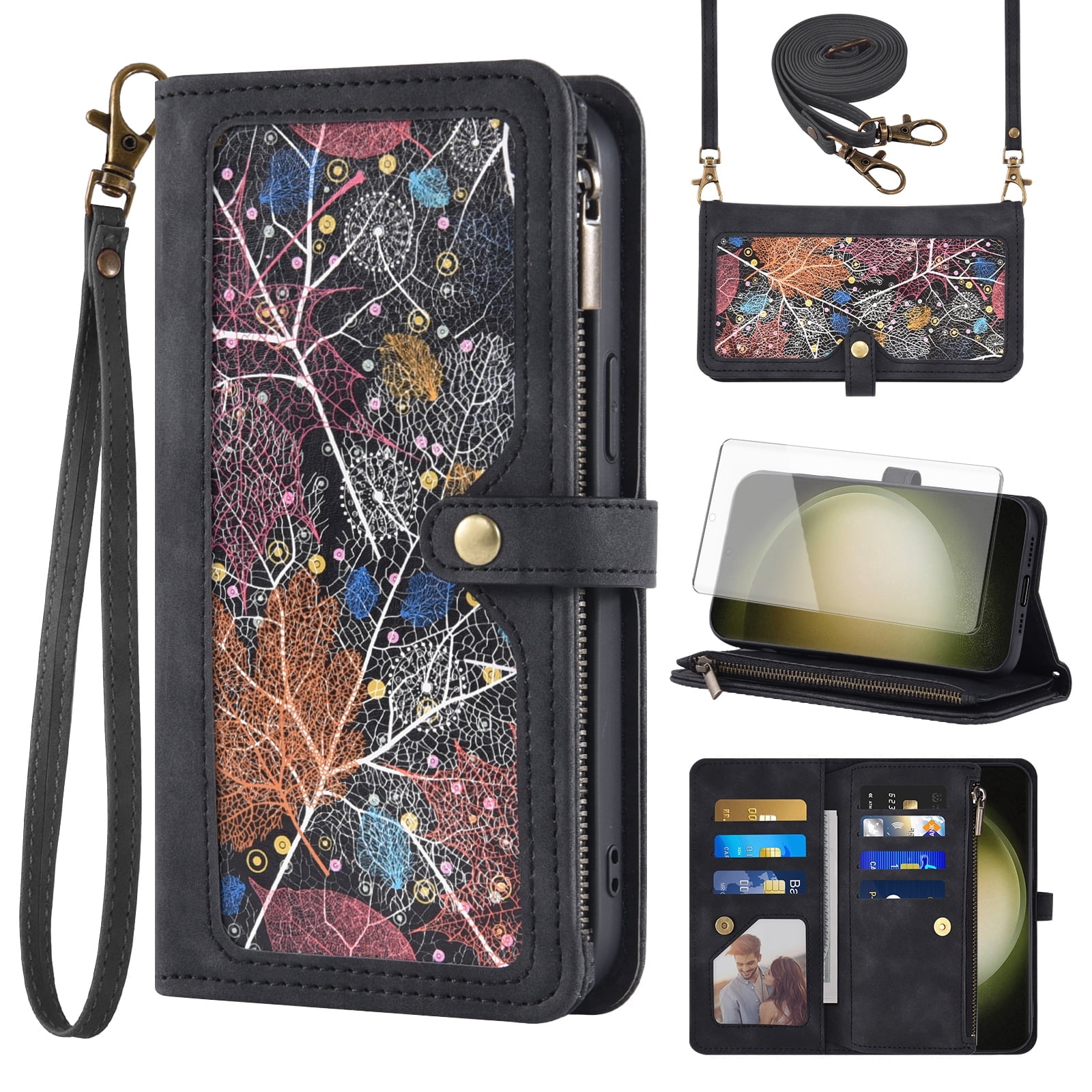 Asuwish Phone Case for Samsung Galaxy S23 Ultra 5G Wallet Cover With Tempered Glass Screen Protector Wrist Strap Flip Pattern Zipper Credit Card Holder Cell S23Ultra 23S S 23 23Ultra 6.8 inch Black