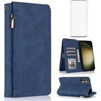 Asuwish Phone Case for Samsung Galaxy S23 Ultra 5G Wallet Mobile Cell Cover with Tempered Glass Screen Protector Flip Zipper Stand Card Holder Slot S23Ultra 23S S 23 23Ultra 6.8 inch Women Men Blue