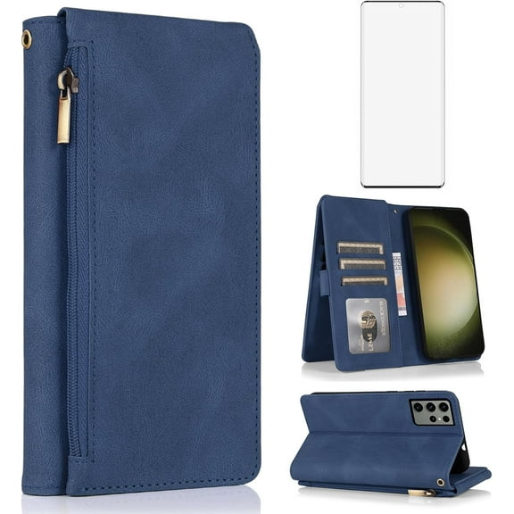Asuwish Phone Case for Samsung Galaxy S23 Ultra 5G Wallet Mobile Cell Cover with Tempered Glass Screen Protector Flip Zipper Stand Card Holder Slot S23Ultra 23S S 23 23Ultra 6.8 inch Women Men Blue