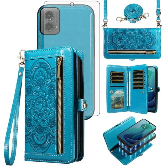 Asuwish Phone Case for Samsung Galaxy S23 Ultra 5G Zipper Wallet Detachable Cell Cover with Tempered Glass Screen Protector Strap Flower Flip Card Holder S23Ultra 23S S 23 23Ultra 6.8 inch Women Blue