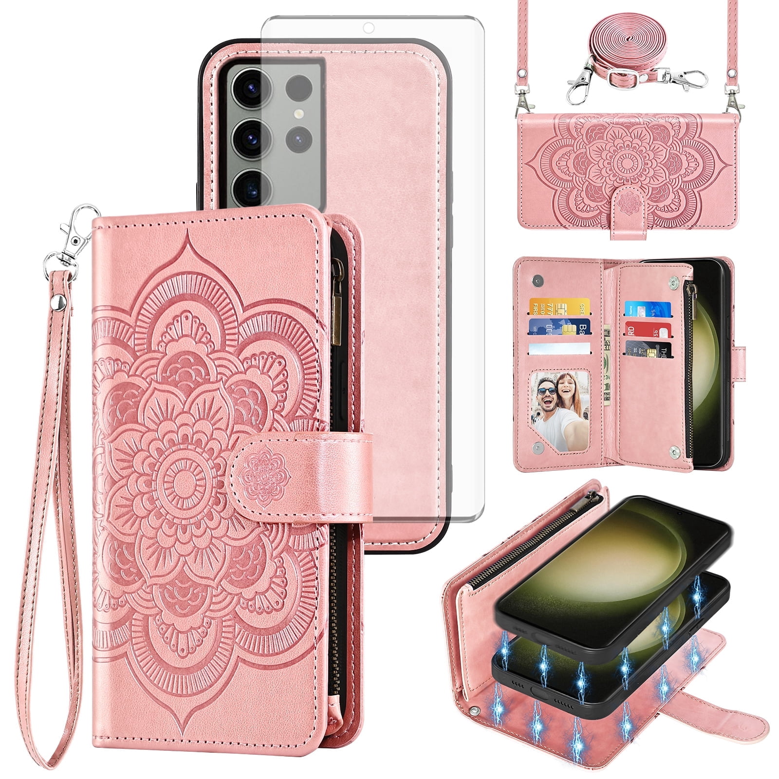 Asuwish Phone Case for Samsung Galaxy S23 Ultra 5G Zipper Wallet Magnetic Detachable Cell Cover with Tempered Glass Screen Protector Crossbody Strap Flower Card Holder Slot S23Ultra Women Pink