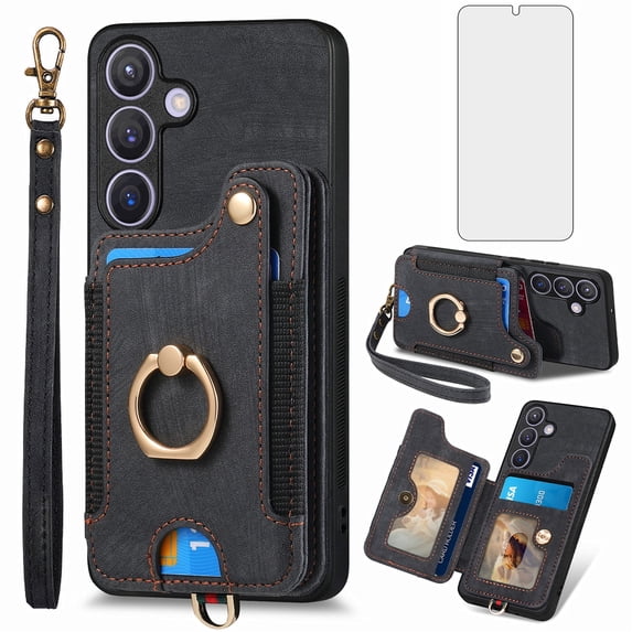 Asuwish Phone Case for Samsung Galaxy S24 5G Wallet Cell Cover with Tempered Glass Screen Protector Slim Lanyard Wrist Strap RFID Ring Stand Credit Card Holder Slot S 24 24S G5 Women Men Black