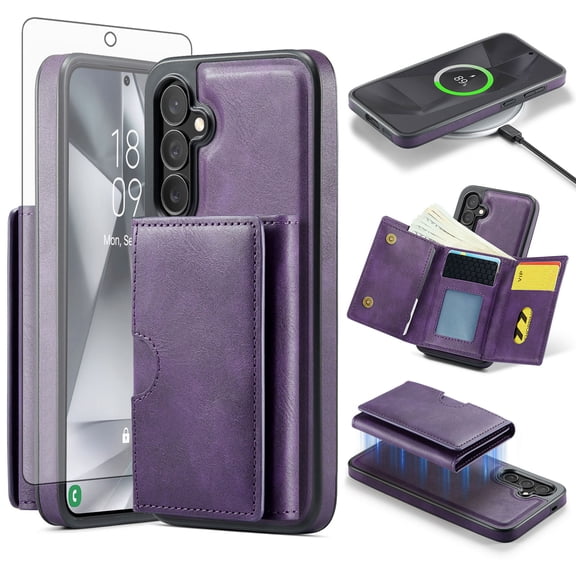 Asuwish Phone Case for Samsung Galaxy S24 5G Wallet Magnetic Detachable Cell Cover with Wireless Charging and RFID Blocking Credit Card Holder Flip Stand S 24 24S 24 24S SM-S931U Women Men Purple