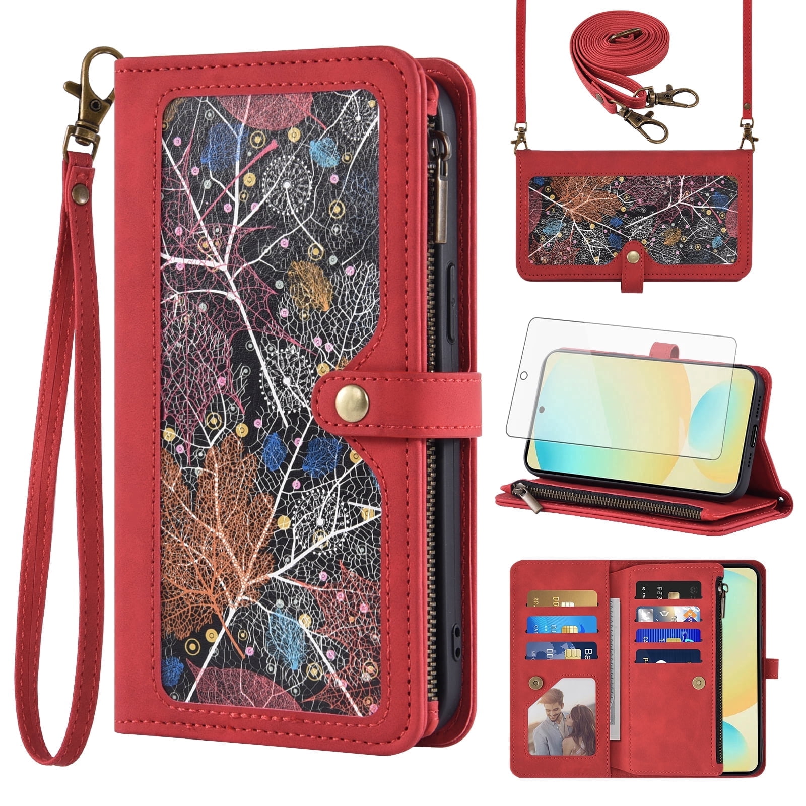Asuwish Phone Case for Samsung Galaxy S24 FE 5G Wallet Cover With Tempered Glass Screen Protector Crossbody Wrist Strap Flip Pattern Zipper Credit Card Holder Cell S 24 EF AI S24FE 24S Women Men Red