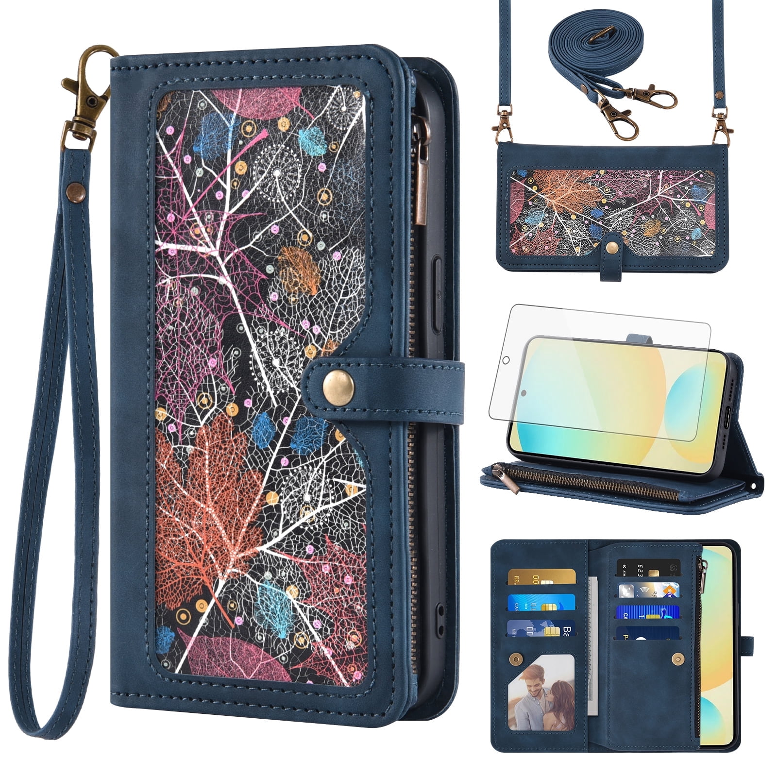 Asuwish Phone Case for Samsung Galaxy S24 FE 5G Wallet Cover With Tempered Glass Screen Protector Crossbody Wrist Strap Flip Pattern Zipper Credit Card Holder Cell S 24 EF AI S24FE 24S Women Men Blue
