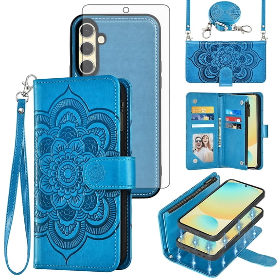 Asuwish Phone Case for Samsung Galaxy S24 FE 5G Zipper Wallet Magnetic Detachable Cell Cover with Tempered Glass Screen Protector Crossbody Strap Flower Card Holder Slot S 24 EF S24FE Women Blue