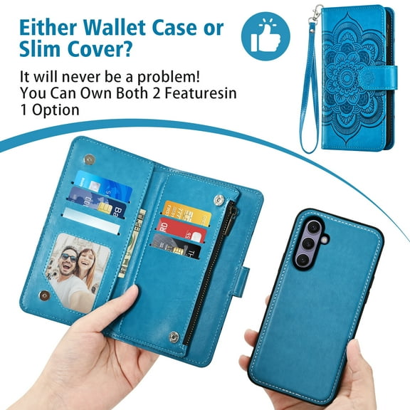 Asuwish Phone Case for Samsung Galaxy S24 Plus S24  5G Zipper Wallet Magnetic Detachable Cell Cover with Tempered Glass Screen Protector Crossbody Strap Flower Card Holder Slot S24Plus Women Blue
